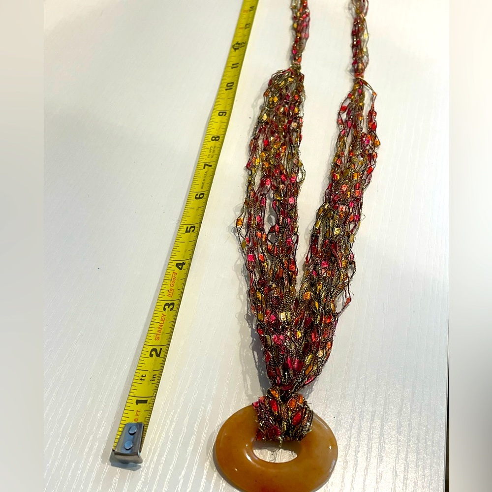 Oval pendant yellow orange stone pendant multicolor string fabric necklace pink